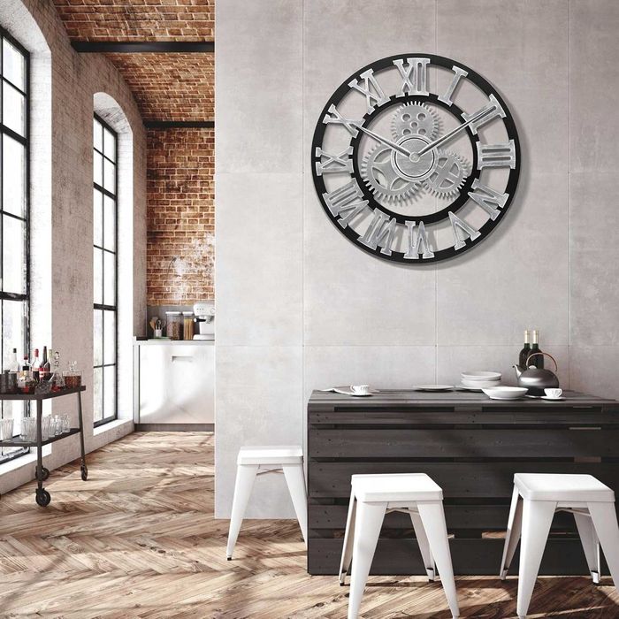 Lafocuse 58 cm drewniany zegar ścienny z przekładniami, srebrny