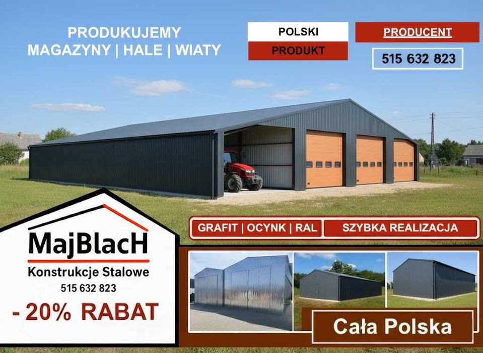 OTWARTY Duży Dwuspadowy Garaż Blaszany MAGAZYN - Hala  - Maj-Blach