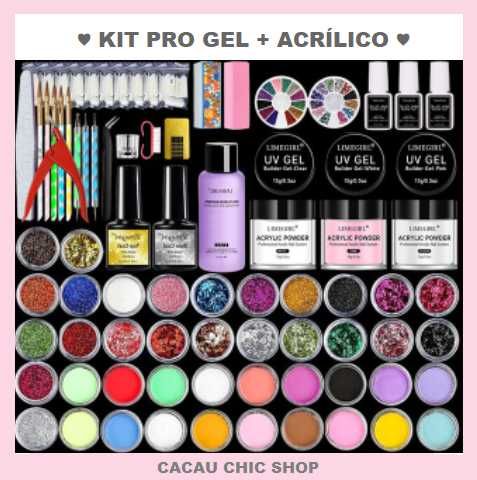 Kit Pro Unhas de Gel + Acrílico c/ Monomer 3 Pós 3 Géis e muito mais