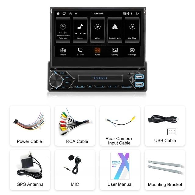 Rádio android 13 1din 7" 2/32GB retrátil GPS WiFi BT Carplay NOVO
