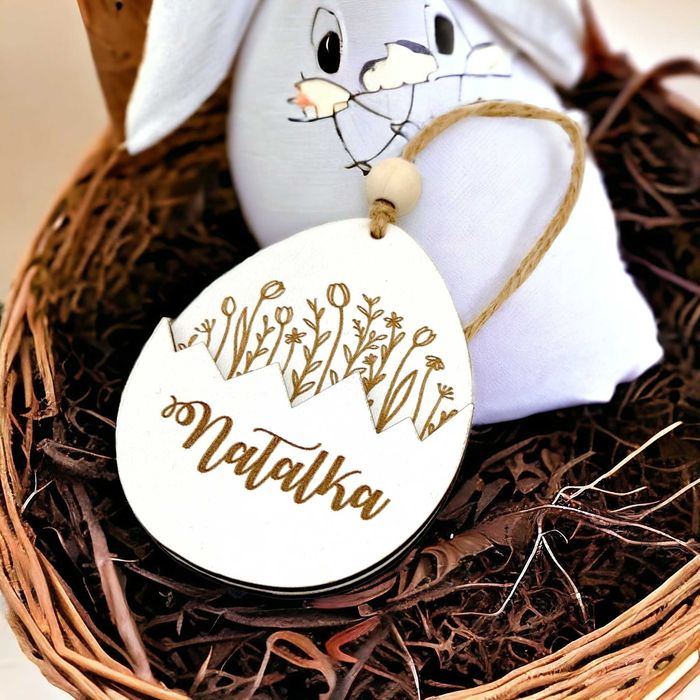Zawieszka drewniana do koszyczka JAJKO WIELKANOC Imię grawer PREMIUM