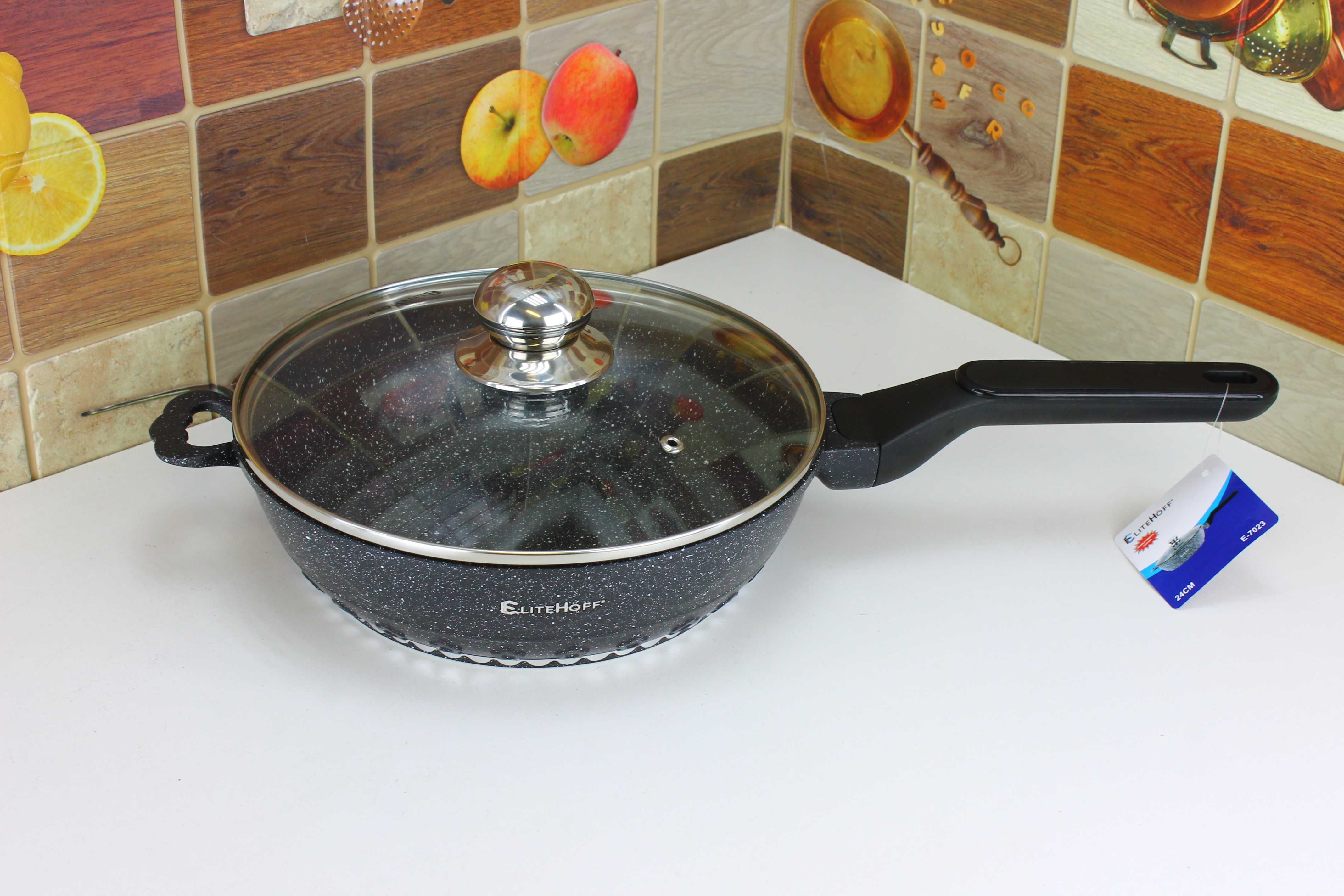Solidna Głęboka Patelnia 24cm z pokrywą EliteHoff E7022 czarna