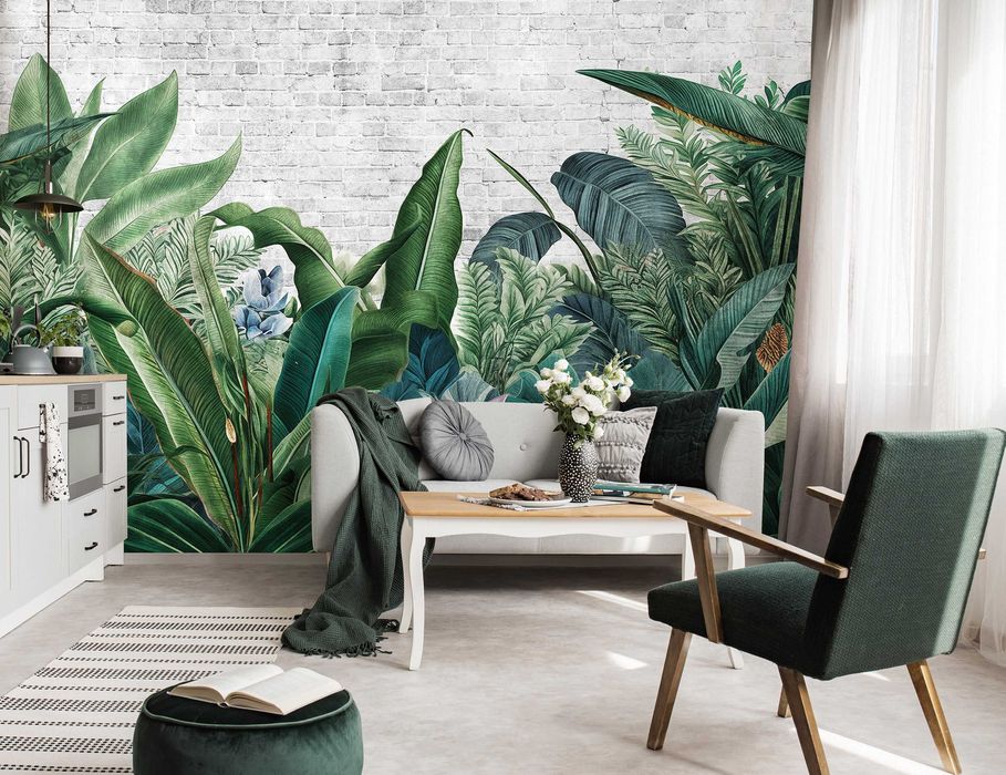 Fototapeta Liście Natura Zieleń Beton Boho 3D Twój Rozmiar + KLEJ