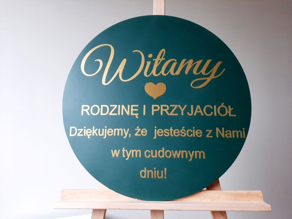 Witamy tablica powitalna ślubna butelkowa zieleń złoty napis