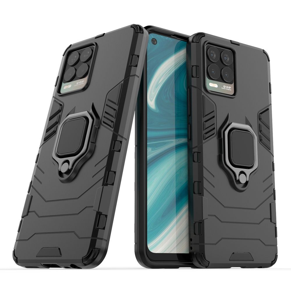 Etui Ring Armor Pancerne + Szkło Hartowane Do Realme 8 / 8 Pro Czarny