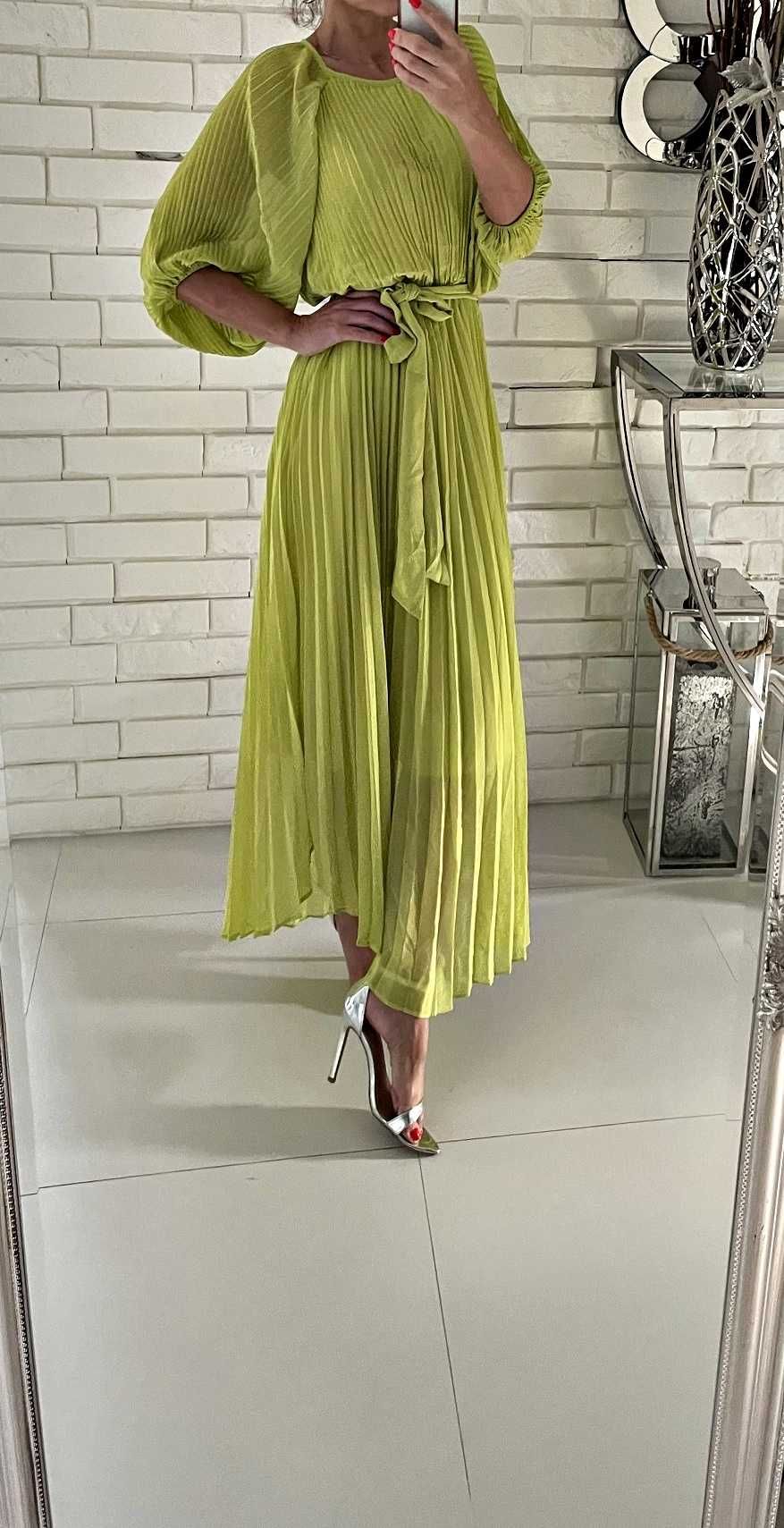 Piękna sukienka plisy limonkowa wysmukla asos L XL XXL wesele