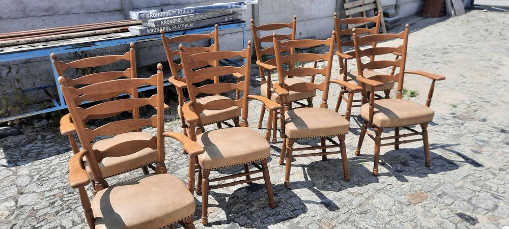 Krzesła drewniane obijane z poręczami skóra stare dąb 4 sztuki