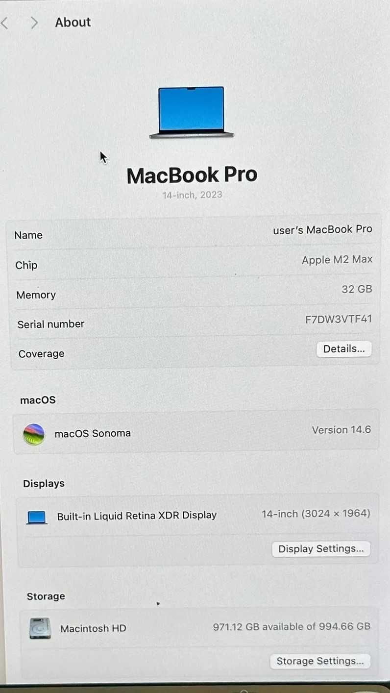 Apple MacBook Pro 14" 2023 M2 Max 12c CPU 30c GPU 32GB 1TB Apple Care