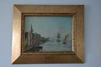 Obraz olejny na płótnie port statki 1890 XIX w. Holandia złocona rama