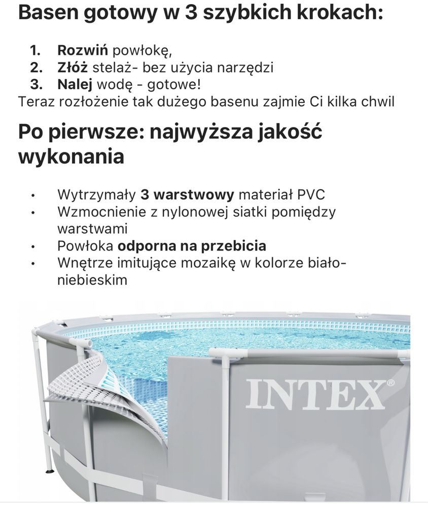 Intex basen stelazowy 365x76 jak nowy pompa oslona