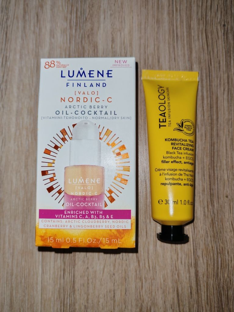 Zestaw kosmetyków olejek Lumene Oil Cocktail krem Teaology Kombucha