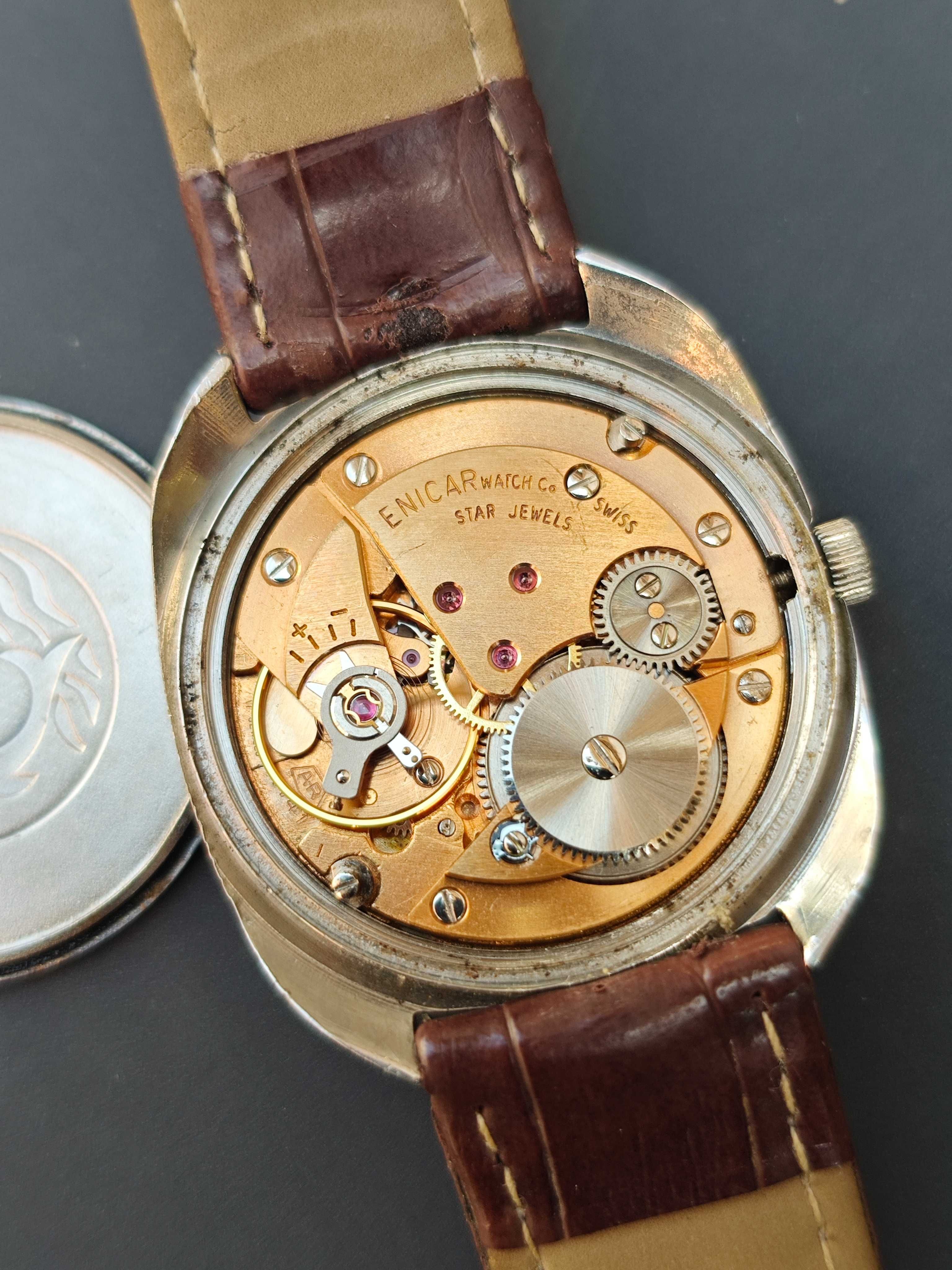 cały stalowy ENICAR mechaniczny zegarek nakręcany SWISS MADE retro