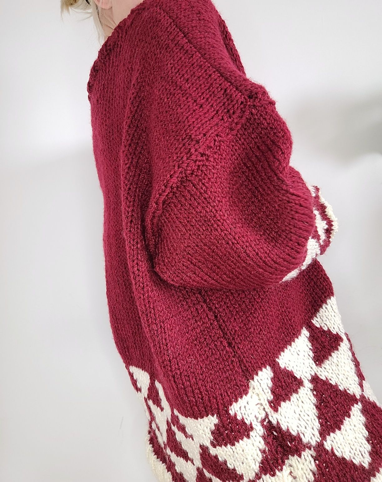 Gruby bordowy wełniany sweter oversize 100% wełna handmade