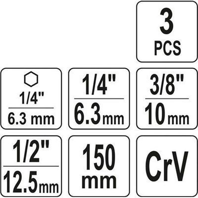 Adapter Hex Do Nasadek 1/4 3/8 1/2 L-150Mm 3Szt