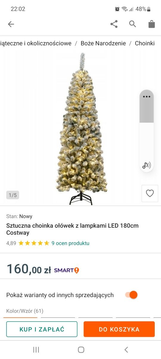 Sztuczna choinka ołówek z lampkami LED 180cm Costway