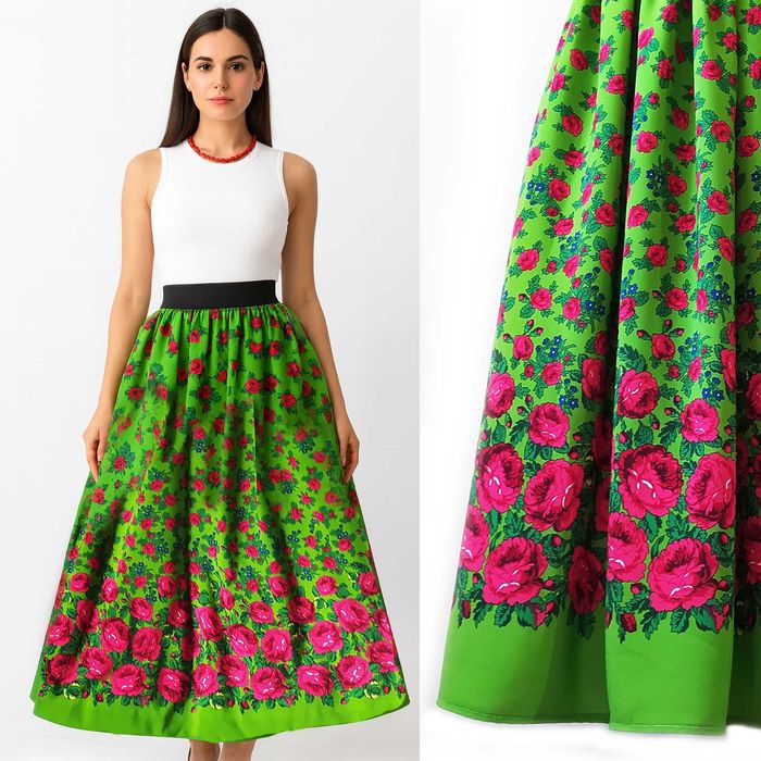 Spódnica folkowa limonka w czerwone róże Polska Ludowa długa góralska