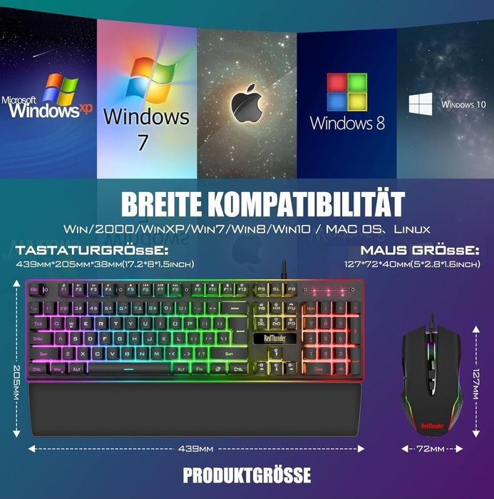 RedThunder K10 zestaw klawiatury i myszy do gier, układ QWERTZ DE