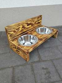 Bufet stojak na miski dla psa drewniany opalany 0.9lx2