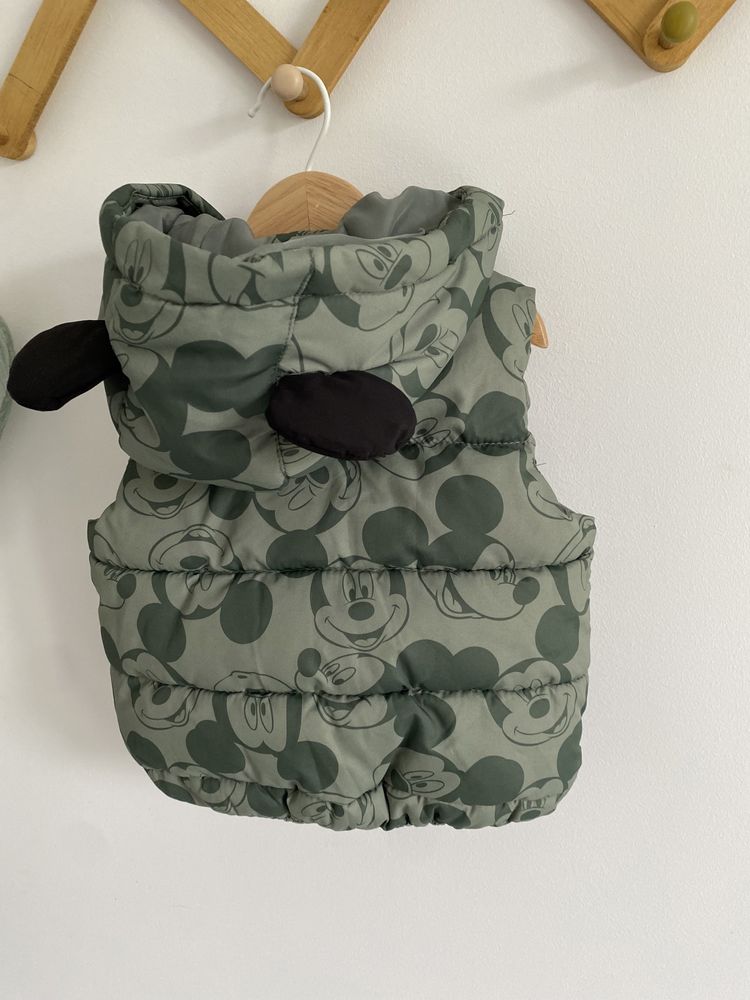 Bezrękawnik h&m 68 myszka miki pikowany zielony uszy kaptur