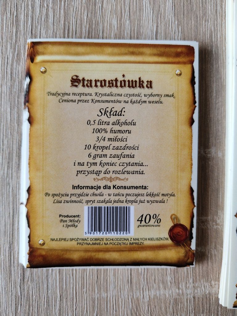 Naklejki, etykiety na wódkę weselną starostówkę, starostówka, wesele