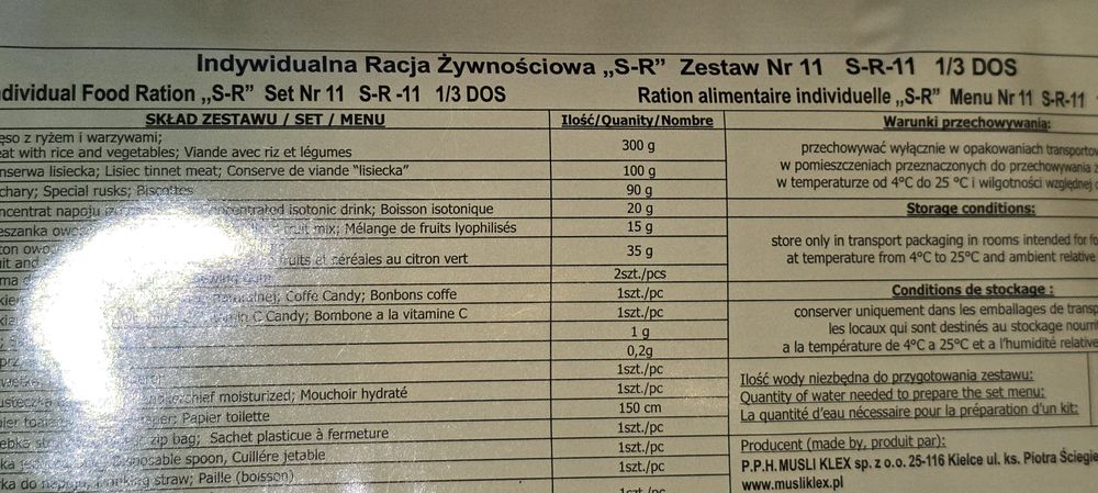 Indywidualna racja żywnościowa SR 11 - 6 szt., MRE, SR MON