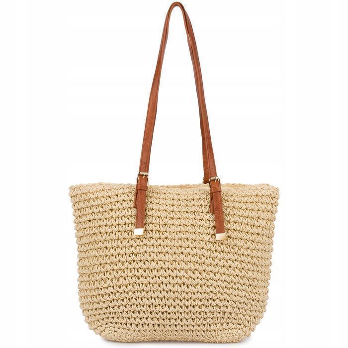 Beżowa Torba plażowa duża na lato rączki solidna koszyk plecionka