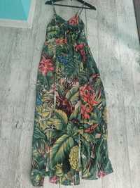 Długa sukienka na lato kwiaty tropikalna rośliny liście S/M