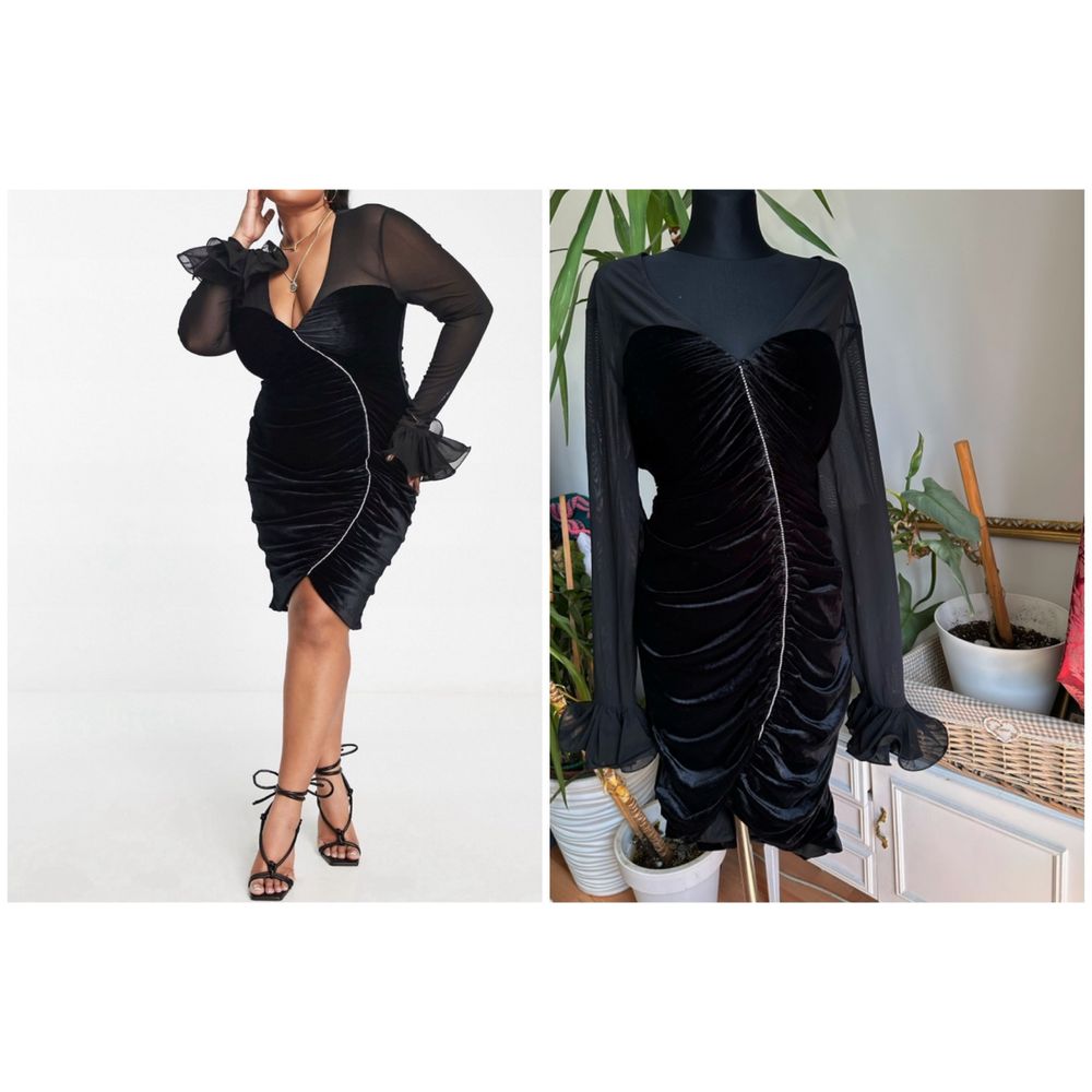 Aksamitna sukienka midi czarna 7 xl 54 zdobiona siateczka drapowana