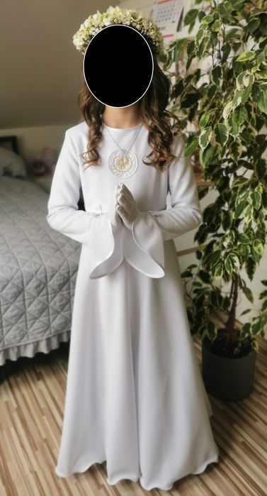 Sukienka alba komunijna dziewczęca Impresja+wianek+torebka+buty+rękawi