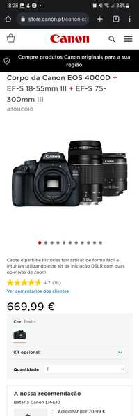 Canon 4000d kit 75-300 como nova