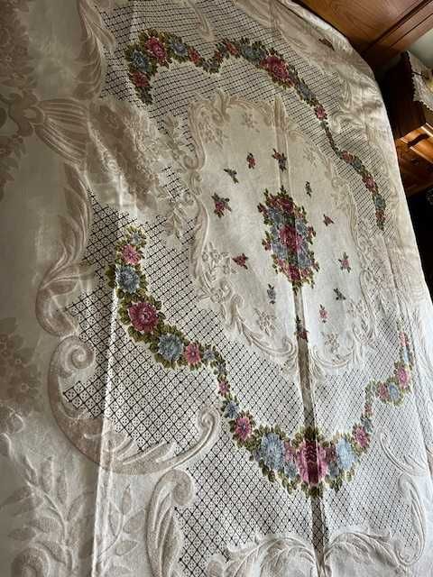 Colcha linho e algodão cama de casal com flores