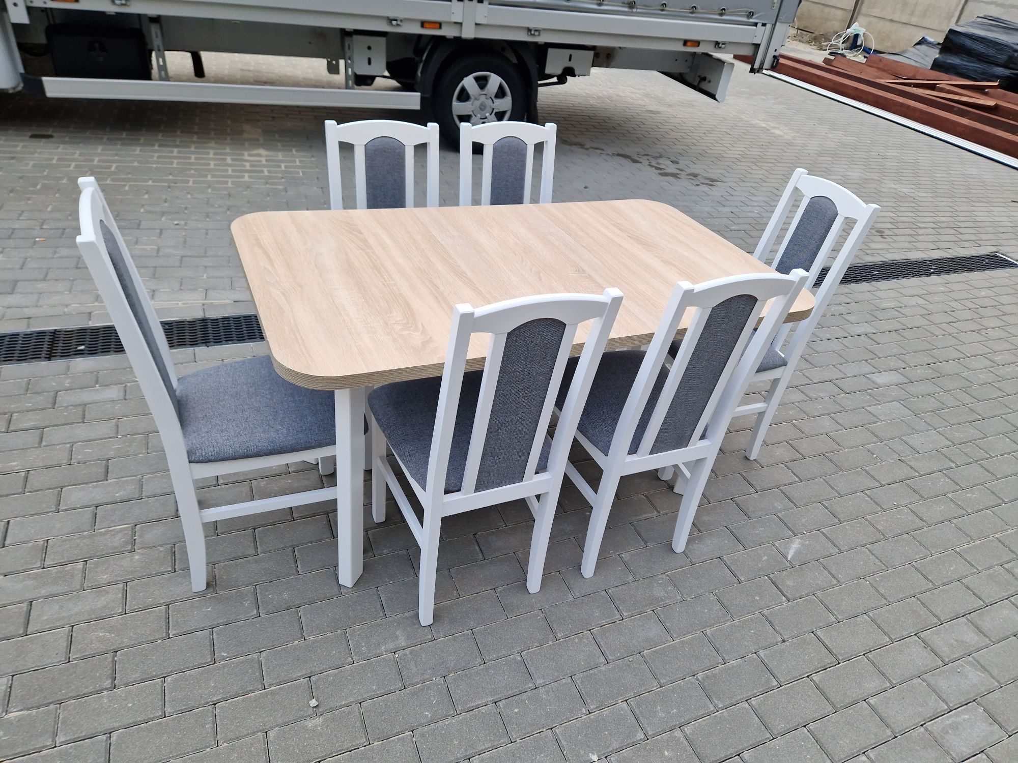 Nowe: Stół rozkładany + 6 krzeseł, bialy/sonoma+szary, dostawa cała PL