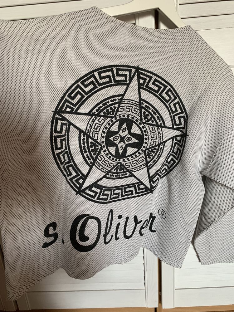 Bluza oversize S.Olivier L wiązany dekolt szara czarne znaczki