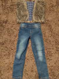 Komplet spodnie dżins kamizelka futrzak 110