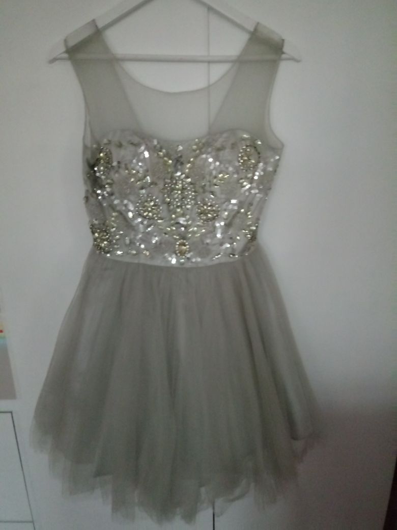 Sukienka Forever Unique ASOS srebrna szara tiul kryształki r.36