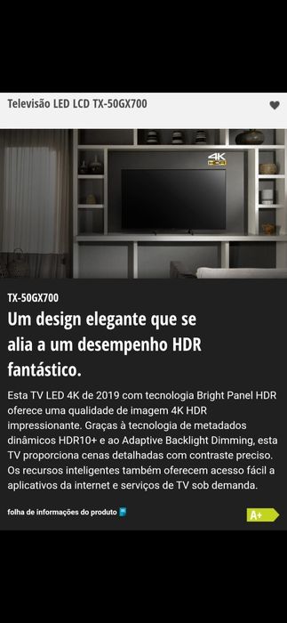 TV 50" Panasonic TX50GX700E LED4K Ultra Hd Smart TV