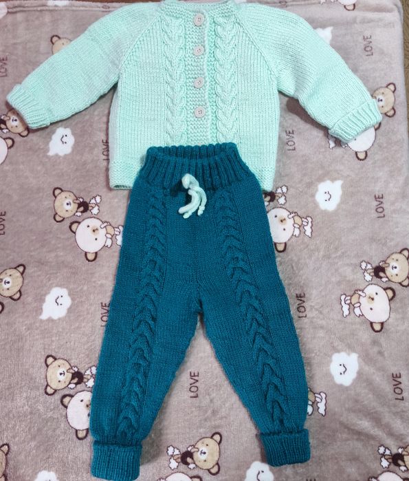 Теплий В'язаний Костюм "М'ята та Бірюза" на 6-7 місяців. Ручна Робота!