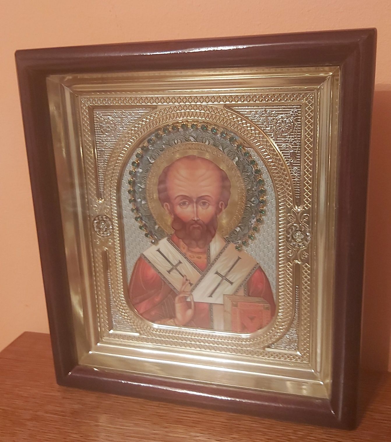 Piękna Ikona prawosławna w kiocie Święty Mikołaj Biskup Miry.