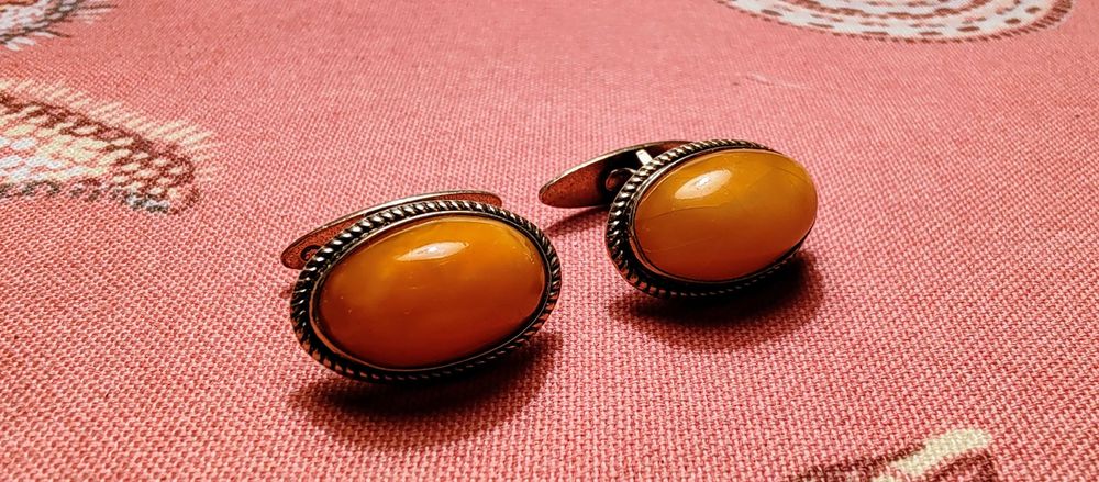 Винтажные серебряные запонки 875°с королевским янтарём,Рига 50-е, СССР