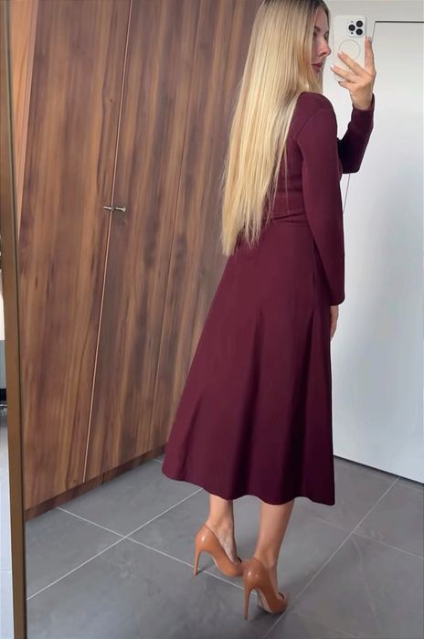 Zara sukienka z łączonych materiałów s 36 bordowa MIDI