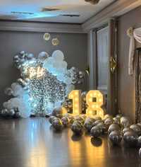 Ścianka balonowa, ścianka cekinowa, świecące cyfry, dekoracje przyjęć