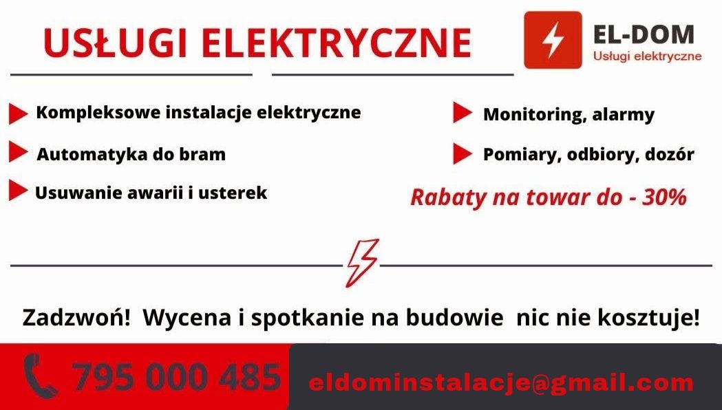 Elektryk, towar-30%, usługi elektryczne, instalacje, Pomiary