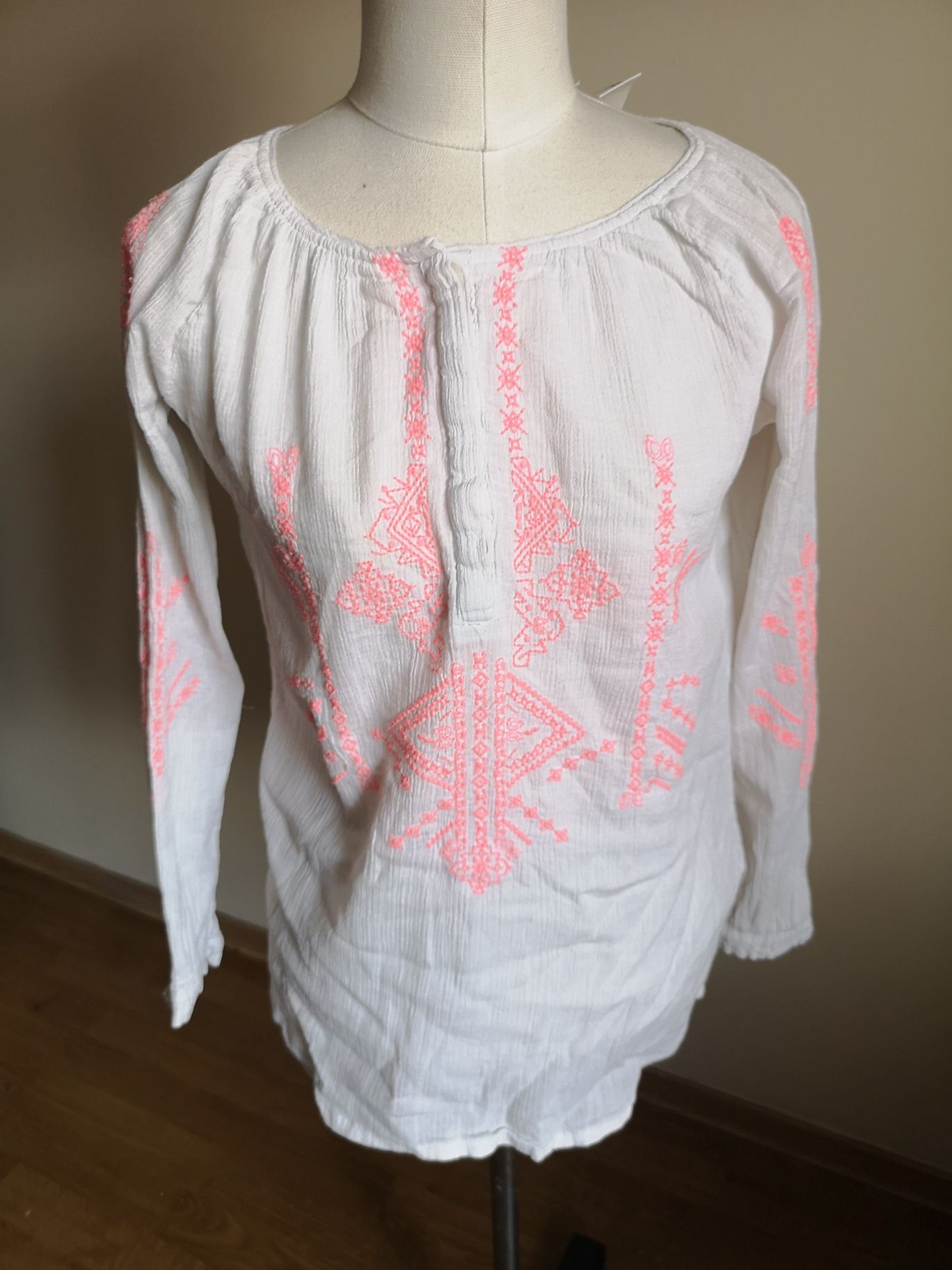 Bluzka H&M haftowana bawełniana boho neon biała h 146 152 a