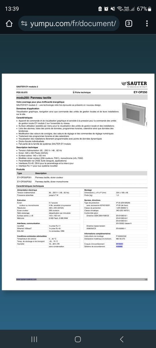 SAUTER EY-OP250F002 LCD Touch Panel Modu250
