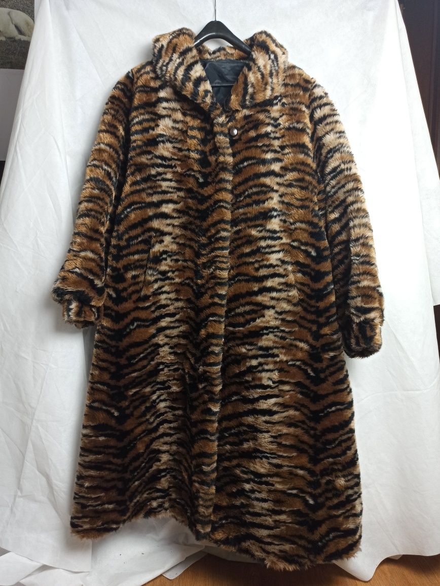 Vintage Faux Fur Tiger Print Pattern Long Coat Sztuczne Futro płaszcz