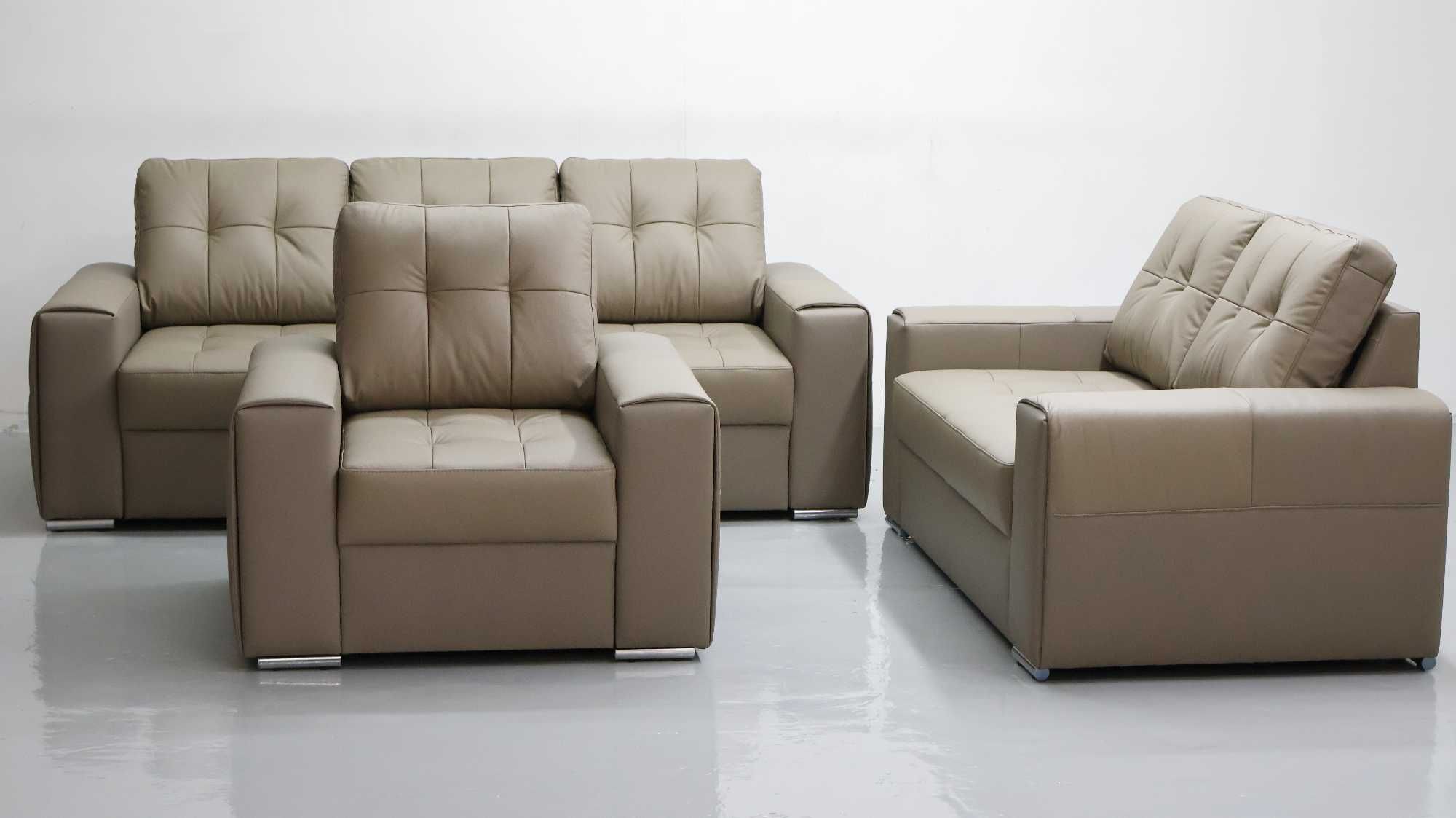KOMPLET 3+2+1 sofy kanapy zestaw piaskowy SKÓRA naturalna 4119 wypoczy