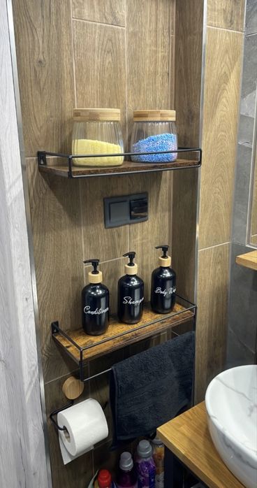 Zestaw 2 półek ściennych LOFT z drążkiem vintage drewniano-metalowych