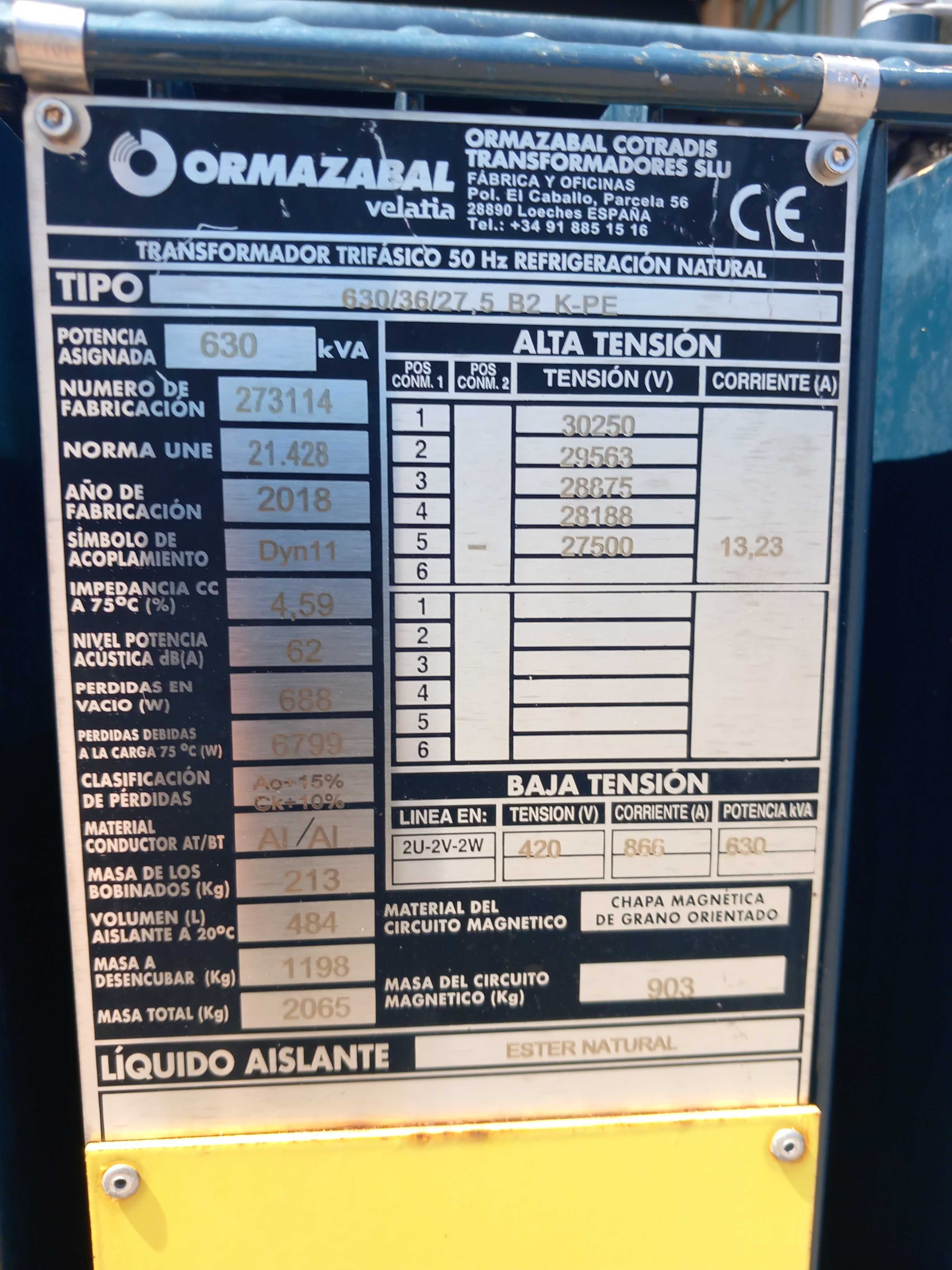 Transformador ORMAZABAL de 630 Kva #1393