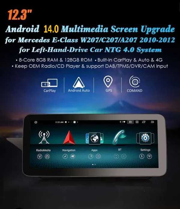 Auto Rádio  Android 14 Classe B W246 e Classe E W207 12.3" (2 Portas)