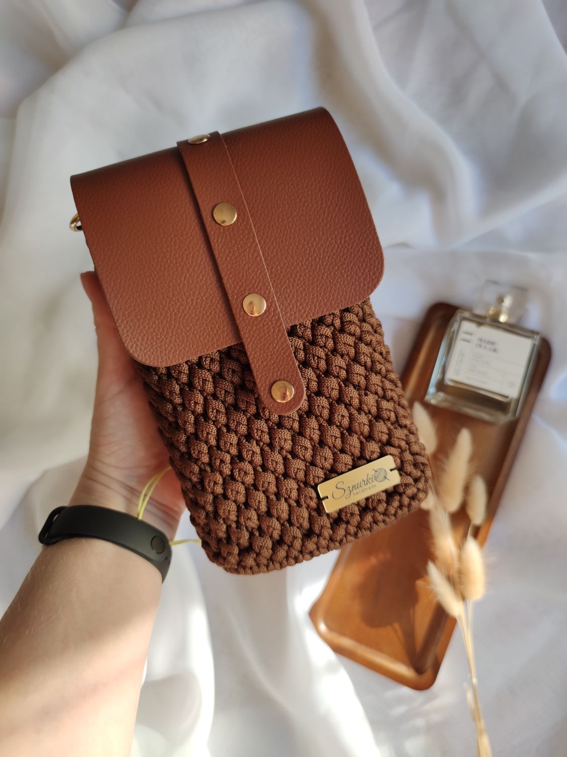 Torebka mini phone bag brąz handmade skórzana